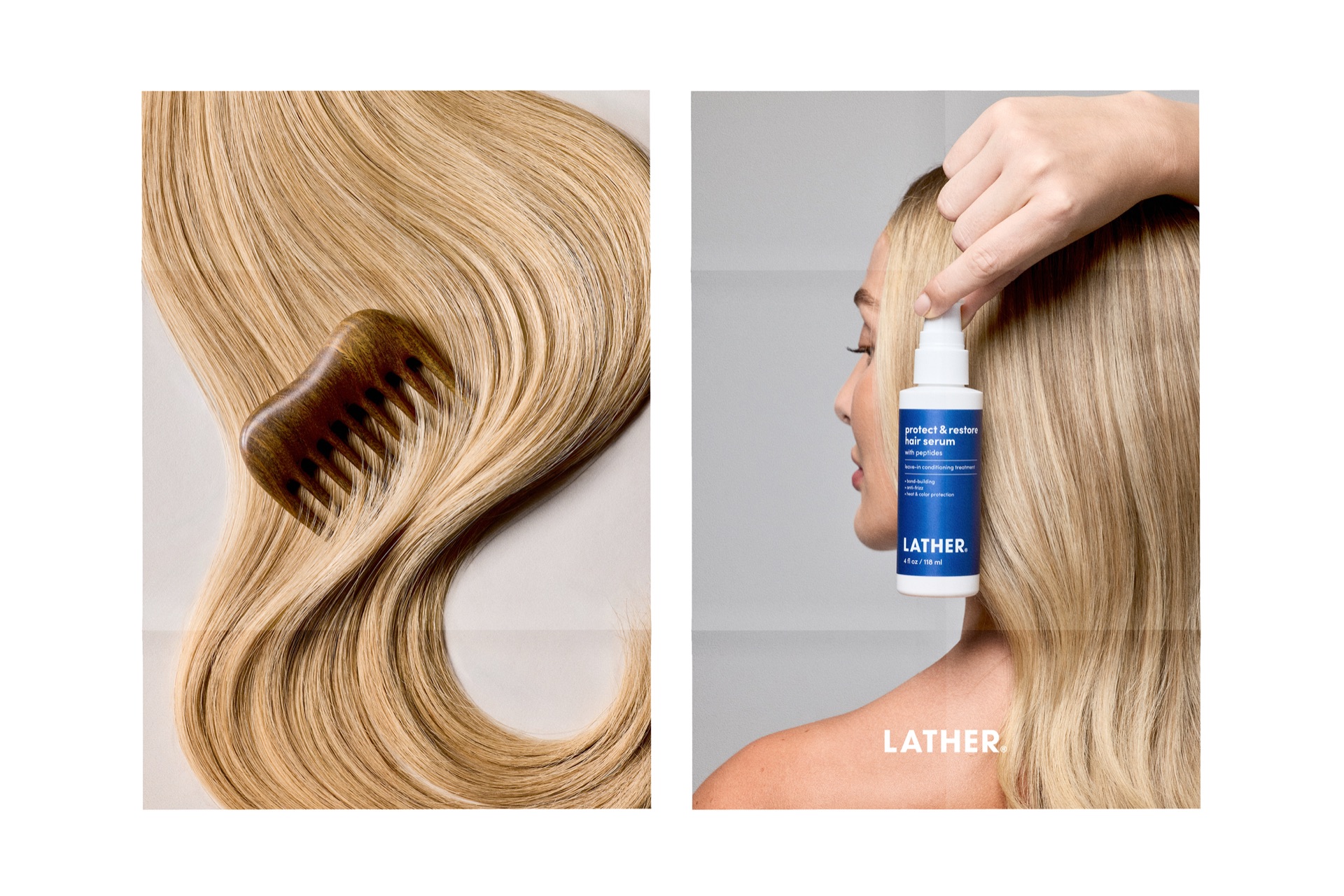 Two Protect & Restore posters side by side: a sweep of glossy blonde hair with a wooden comb, and a model in profile holding the serum bottle against her long blonde hair with the LATHER logo.