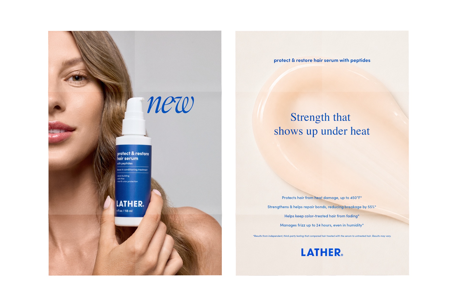 Two Protect & Restore posters side by side: a model holding the serum bottle beside her face under the word &lsquo;new&rsquo; in blue script, and a cream swirl poster headlined &lsquo;Strength that shows up under heat&rsquo; listing heat protection up to 450&deg;F, 55% less breakage, color protection, and 24-hour frizz control.