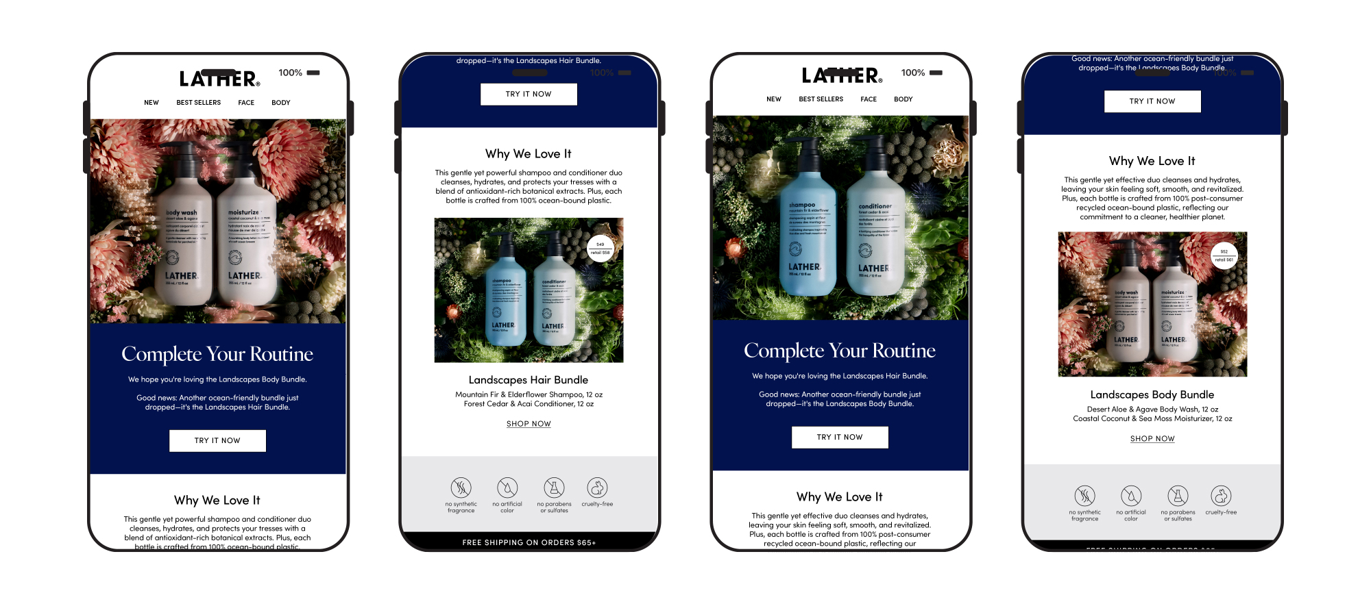 Four phone-screen email mockups for the Landscapes Hair and Body Bundles: 'Complete Your Routine' with the shampoo and conditioner duo, a 'Why We Love It' ingredient callout, and matching layouts for the Desert Aloe & Agave body wash and moisturizer duo.
