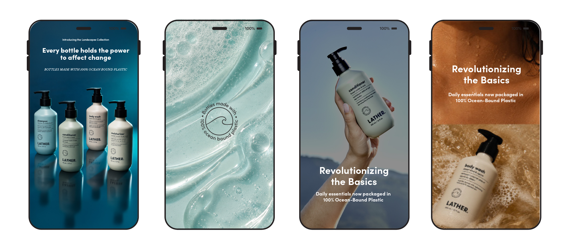 Four phone-screen Instagram Story mockups: 'Every bottle holds the power to affect change' with the four Landscapes bottles; a macro shampoo-lather bubble texture with the ocean-bound-plastic seal; a hand holding the conditioner bottle outdoors; and 'Revolutionizing the Basics' over a body wash bottle foaming in water.