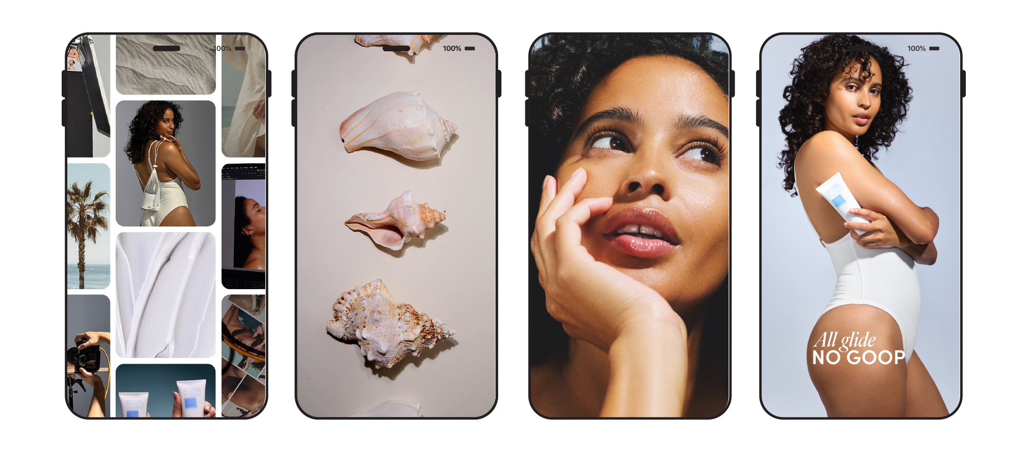 Four phone-screen mockups: an Instagram grid mixing product, lifestyle, and beach imagery; a shell-photography Instagram Story; a close-up portrait Story with a model's hand at her chin; and a Story ad reading 'All glide, NO GOOP' beside a model holding the SPF tube.