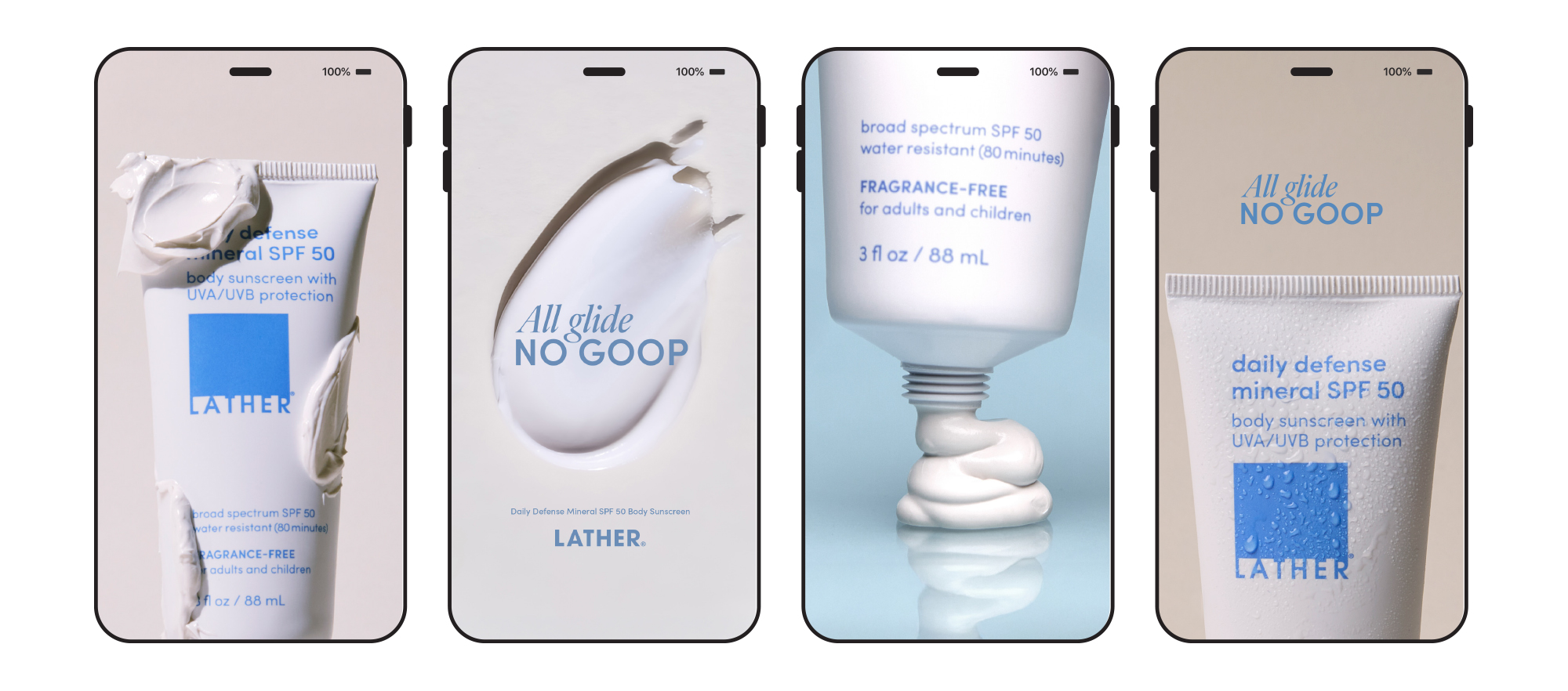 Four phone-screen mockups of product-focused Instagram Stories: a cream-smeared Daily Defense tube, a cream swirl reading 'All glide, NO GOOP,' the tube's SPF 50 label on a blue background, and a close-up of the tube against a tan backdrop.