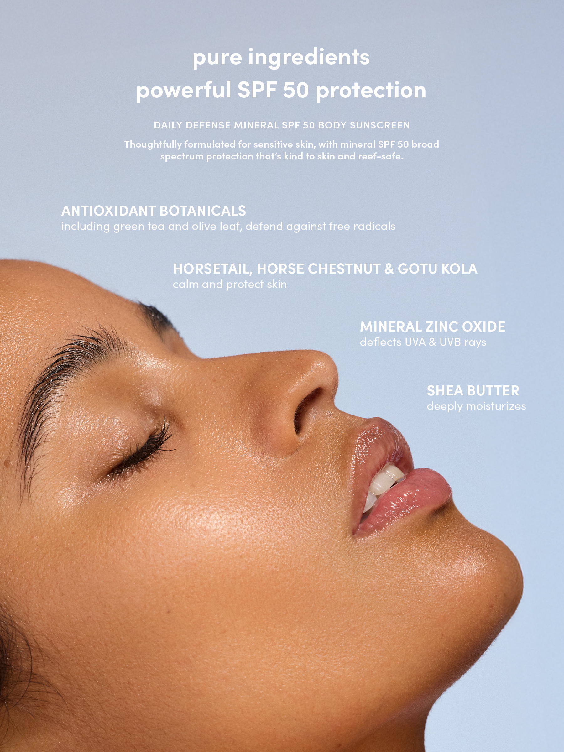 In-store signage reading 'Pure ingredients, powerful SPF 50 protection' beside a profile portrait of a model's face, listing the formula's antioxidant botanicals, horsetail, horse chestnut, gotu kola, mineral zinc oxide, and shea butter.