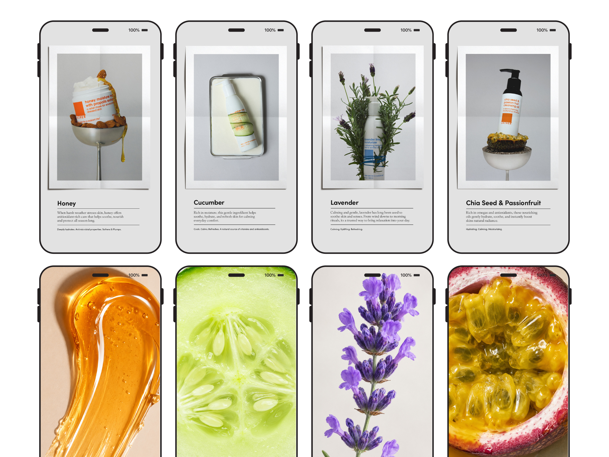 Eight phone-screen Instagram Story mockups: four ingredient-spotlight cards for Honey, Cucumber, Lavender, and Chia Seed & Passionfruit with descriptive copy, paired with four matching macro ingredient close-ups.